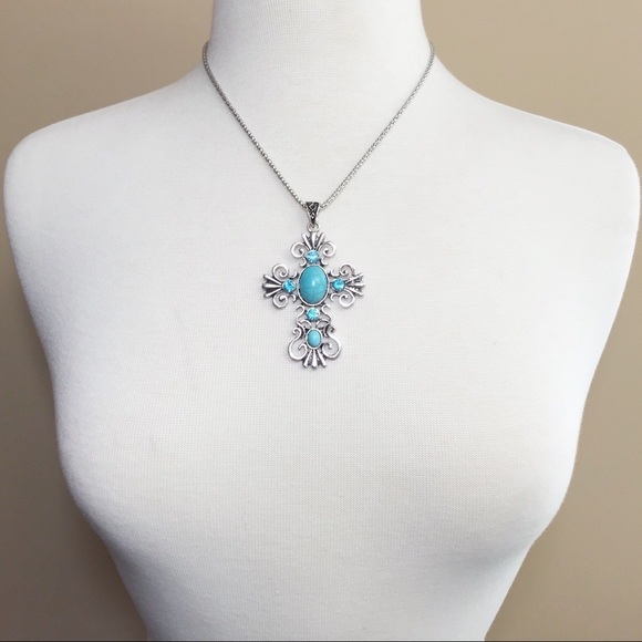 Turquoise Swirl Filigree Cross Western Necklace - Picture 3 of 3